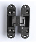 3D Adjustable Invisible Hidden Door Hinge In Black Finish For Cabinets And Furniture, front view of sleek black hinge