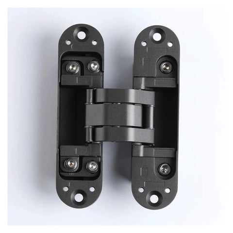 3D Adjustable Invisible Hidden Door Hinge In Black Finish For Cabinets And Furniture, front view of sleek black hinge