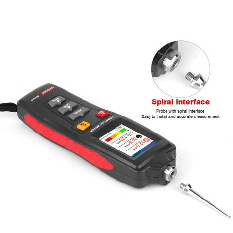 Portable Digital Vibration Meter And Vibration Analyzer With Color LCD For Acceleration, Velocity, Displacement And Frequency Testing, Screw Interface Probe For Easy Setup, Flip Display And Built-In Safety Lighting For Field Diagnostics On The Go. Black handheld unit with spiral probe