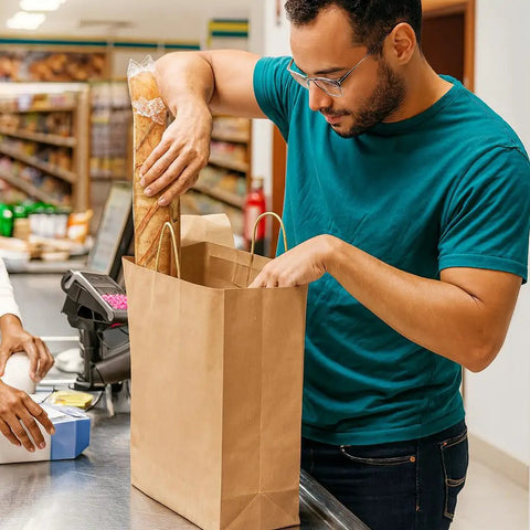 Man placing baguette in Heavy Duty Kraft Paper Bags With Handles 10 x 7 x 12 Inches, 250 Pack Brown Shopping Bags For Grocery