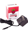 USB C Power Adapter For Pi 4 B With 5.1V 3A Output, 15.3W Fast Supply, 1.5 Meter 18AWG Cable, Black Finish next to Raspberry Pi box