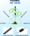 Extendable Interior Windshield Cleaner Tool With Four Plush Microfiber Pads For Streak Free Car And Home Window Detailing That Pulls Double Duty Without Any Sweat, showing flexible 180-degree head and telescopic handle.