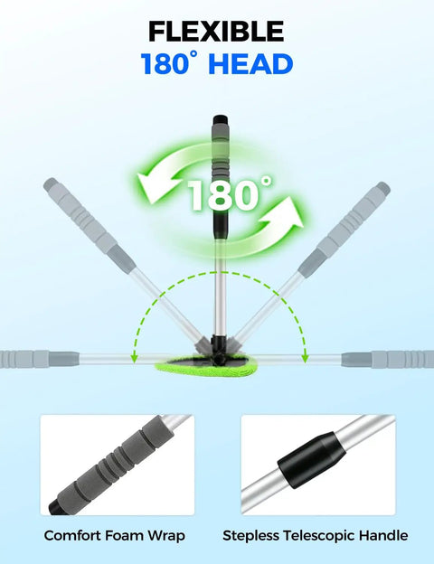 Extendable Interior Windshield Cleaner Tool With Four Plush Microfiber Pads For Streak Free Car And Home Window Detailing That Pulls Double Duty Without Any Sweat, showing flexible 180-degree head and telescopic handle.