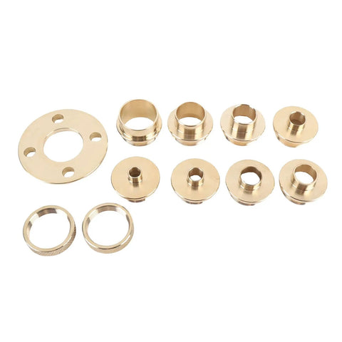 Built Dang Tough 11 Piece Brass Router Guide Kit Featuring Precision Template Bushings, showcasing brass bushings of various sizes.