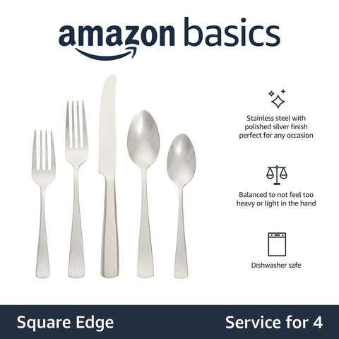 Hella Sturdy 20 Piece Stainless Steel Flatware Set With Crisp Square Edges And Mirror Silver Finish Serves Four Guests Cuts Cleaning Hassles Dishwasher Approved Heavy Weight Cutlery That Adds A Cool Factor To Holiday Feasts And Weekday Suppers