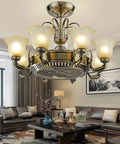 Solid Build Ceiling Fan With 8 Head Glass Lamps And Remote Control Hella Quiet Motor Slick Retro Design Easy Clean Abs Fan Blades hanging in a modern living room with elegant decor.