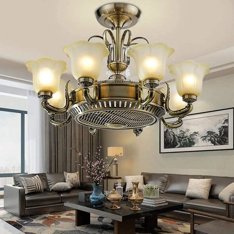 Eight Blade Ceiling Fan With Light Remote Control Glass And Abs Blades Quiet Reverse Motor No Sweat Setup Darn Reliable Kickin Breeze Perfect For Living Rooms And Hangouts in elegant living room with two tone upholstery and floral decor.