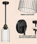 HXXLFONEDP 3 Pack Kitchen Island Pendant Lights, Ribbed Glass, Black, showing ribbed clear glass and black metal structure.