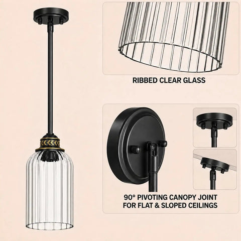 HXXLFONEDP 3 Pack Kitchen Island Pendant Lights, Ribbed Glass, Black, showing ribbed clear glass and black metal structure.
