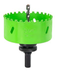 Carbide-grit hole saw, 3-5/8 inch diameter, bright green with attached arbor