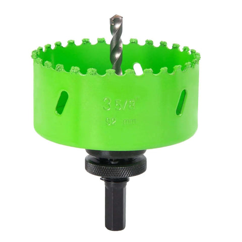 Carbide-grit hole saw, 3-5/8 inch diameter, bright green with attached arbor