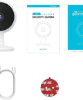 1080P HD Pet Camera Indoor Security Cam With Night Vision And Motion Tracking WiFi Home Surveillance Alexa Compatible App Control On Mobile Or Web Mini Compact Design For Pets Safe Clear Live Streams with accessories including USB cable and manuals.