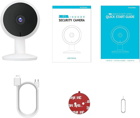 1080P HD Pet Camera Indoor Security Cam With Night Vision And Motion Tracking WiFi Home Surveillance Alexa Compatible App Control On Mobile Or Web Mini Compact Design For Pets Safe Clear Live Streams with accessories including USB cable and manuals.