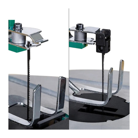 16 Inch Variable Speed Scroll Saw With Rock Solid 120W Motor And Bright Work Light, blades and clamps details on cutting mechanism.