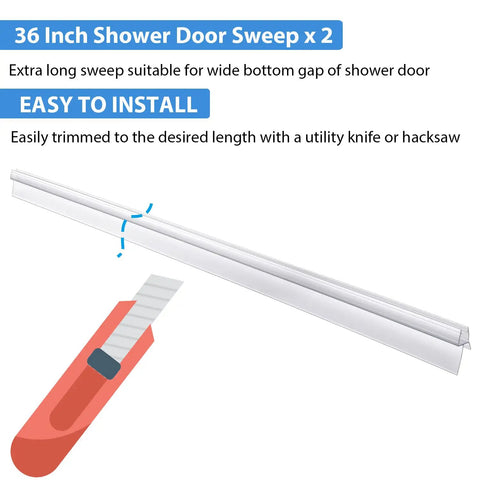 Two Pack Frameless Shower Door Bottom Seals With Long Sweep Fits One Quarter Inch Thick Glass Stops Leaks And Creates A Clear Water Barrier Easy Install For Glass Shower Doors Keeps Water In Check Thirty Six Inches Long shown with utility knife for trimming.