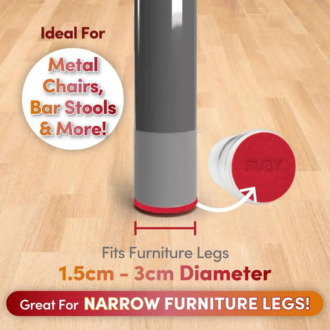 Stretchable Chair Leg Protectors For Hardwood And Tile Floors, No More Gnarly Screeching, Easy Glide, Scratch Prevention, Fits Small Furniture Legs And Most Shapes, 8 Count Pack on metal leg with ruby cap.