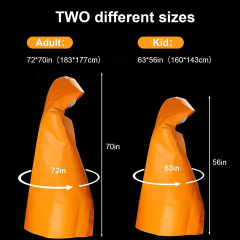 Fireproof Cloak For Home And Office Emergency Use Extra Large Glass Fiber Fire Escape Cape With Silicone Coating Heat Resistant Hooded Fire Blanket Suit Household Safety Gear Orange 63 By 56 Inches shown in adult and kid sizes