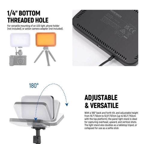 Basics 2 Pack LED Video Light Panel Kit Bi Color Dimmable Portable Studio Lights With Stands And Filters, adjustable back view.