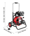 Heavy Duty 75 Foot Auto Feed Drain Cleaner Machine Sewer Snake with wheels and foot switch for tackling clogs efficiently.
