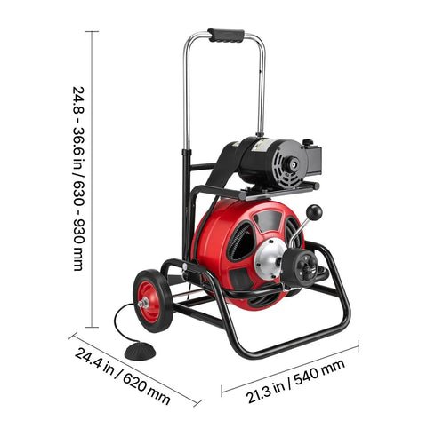 Heavy Duty 75 Foot Auto Feed Drain Cleaner Machine Sewer Snake with wheels and foot switch for tackling clogs efficiently.