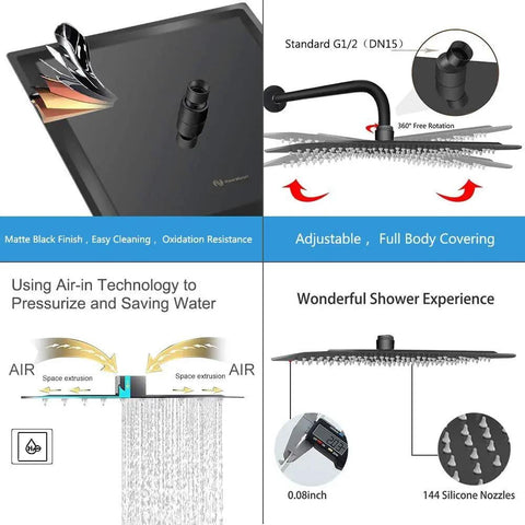 Infographic of Huge 16 Inch Square Rain Shower Head With Extension Arm In Matte Black Stainless Steel showing features and design