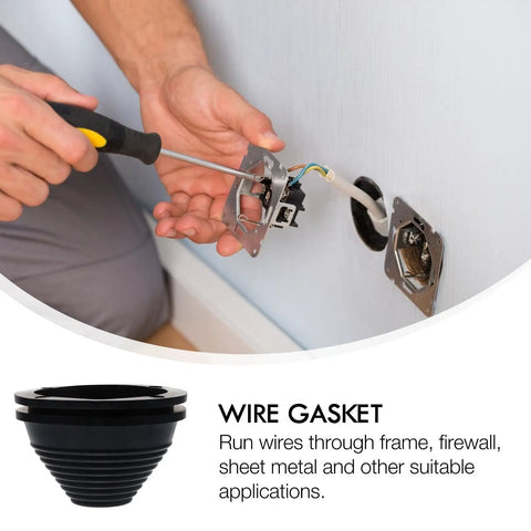 Shaped Wire Gasket Kit With Black Synthetic Rubber Grommets For Insulated Wire Pass Throughs Flame Retardant Built Tough Grommet Caps Ideal For Frames Sheet Metal And Equipment Wiring, black wire gasket installed in wall cutout