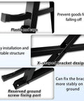 Close-up of features showing plastic end caps and X-shaped bracket design on Built Tough As Nails Adjustable Seven Tier Steel Lumber Rack.