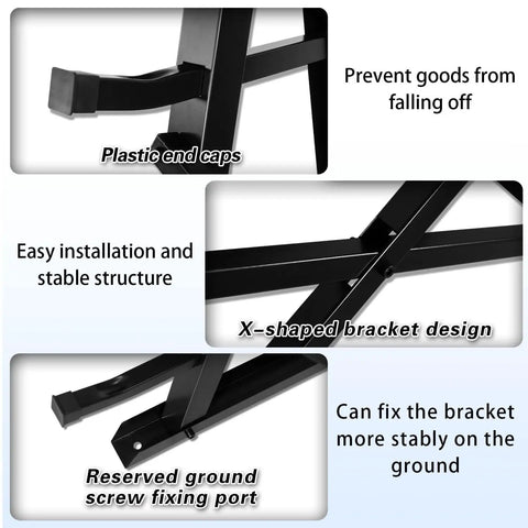 Close-up of features showing plastic end caps and X-shaped bracket design on Built Tough As Nails Adjustable Seven Tier Steel Lumber Rack.