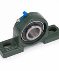 Pillow block bearing, green housing, UCP206-18, 1-1/8 in bore, cast-iron base with sealed chrome bearing.