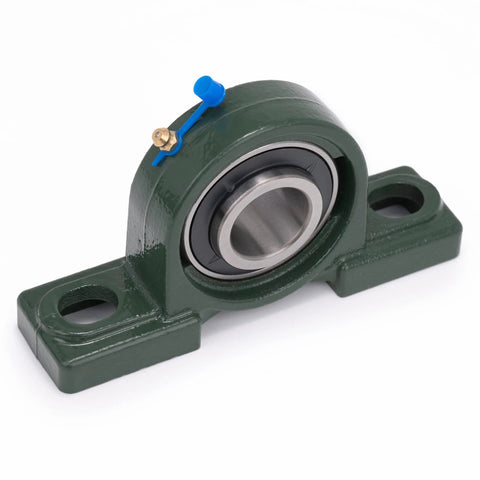 Pillow block bearing, green housing, UCP206-18, 1-1/8 in bore, cast-iron base with sealed chrome bearing.