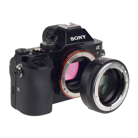 0.71x Focal Length Reducer Speed Booster For Nikon F To Sony E Mount Cameras Gear Adapter Ring next to Sony camera body