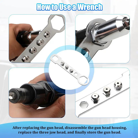 Pro Grade Car Cordless Rivet Gun Adapter Kit For Drill Universal Riveting Tool with Four Rivet Heads shown in detail.