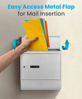 Locking Wall Mount Mailbox Built To Last, Weatherproof Steel With Secure Key Lock, shown with metal flap open inserting mail