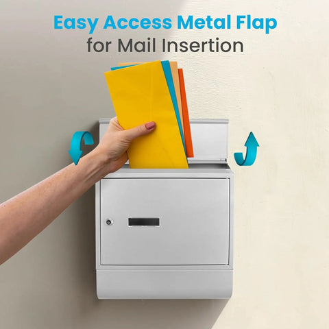 Locking Wall Mount Mailbox Built To Last, Weatherproof Steel With Secure Key Lock, shown with metal flap open inserting mail