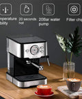 Home Espresso Machine With Dual Brew Options Single Serve Or 12 Cup Carafe Fully Programmable Auto Shutoff Semi Automatic Cafe Style Coffee Maker With Steam Milk Foam 1.5L And 20 Bar Pressure displayed on a kitchen counter with two cups.