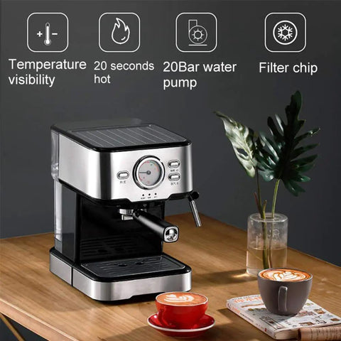 Home Espresso Machine With Dual Brew Options Single Serve Or 12 Cup Carafe Fully Programmable Auto Shutoff Semi Automatic Cafe Style Coffee Maker With Steam Milk Foam 1.5L And 20 Bar Pressure displayed on a kitchen counter with two cups.
