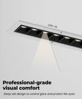 Close-up of Smooth Triac Dimmable 15W Linear Recessed Lights With Slick White Trim 5 Cct Selectable Premium Led Ceiling Fixtures.