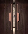 Heavy Duty Push Pull Door Handle For Glass Wood Metal Doors Retro Aluminum Sliding Barn Style Pull Double Side Mount Built To Last Red Copper Finish shown installed on dark wood doors.