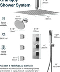 GRANDJOY 12" Ceiling Shower System with Handheld Spray, Brushed Nickel, showcasing dimensions and features for installation.