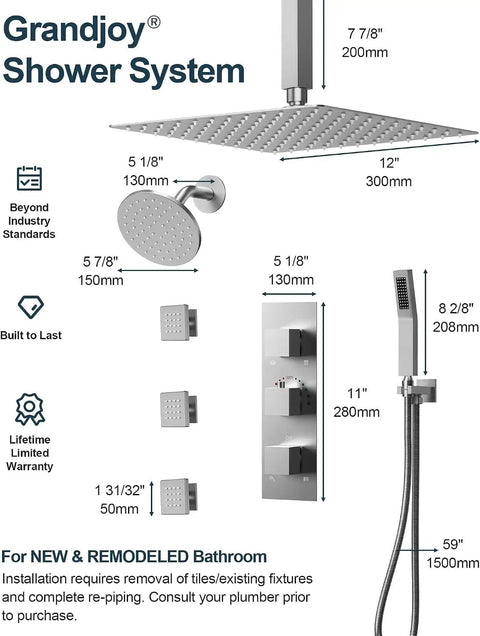 GRANDJOY 12" Ceiling Shower System with Handheld Spray, Brushed Nickel, showcasing dimensions and features for installation.