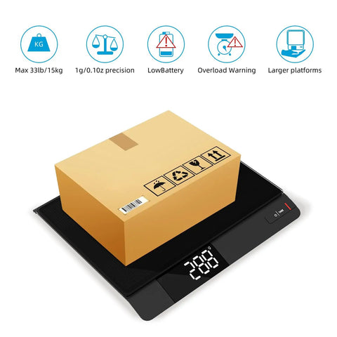 Digital Postal Scale With Backlit LCD Display And Large 10.6 By 9.8 Inch Weighing Platform 15 Kg Capacity Measures In Grams Ounces Pounds And Milliliters Tare Function Auto Off Great For Mailing Cooking And Small Packages with box on scale