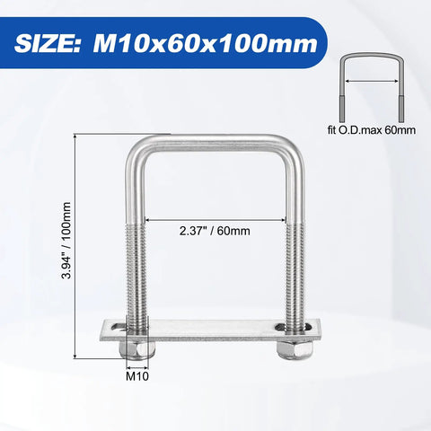 Built Tough Square U Bolt Kit Crafted From Legit 304 Stainless Steel for M10, 60x100mm Pipe securing.