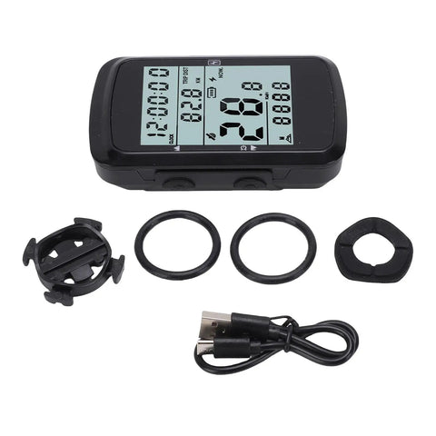GPS Bike Computer With 2.4 Inch Screen And 28 Hour Battery Life For Mountain And Road Cycling With Manual Backlight and accessories shown