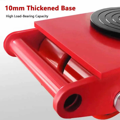 Heavy Duty Machinery Roller Skates And Rolling Steel Dolly Carts For Smooth Industrial Gear Transport showing red 10mm thickened base and rollers.