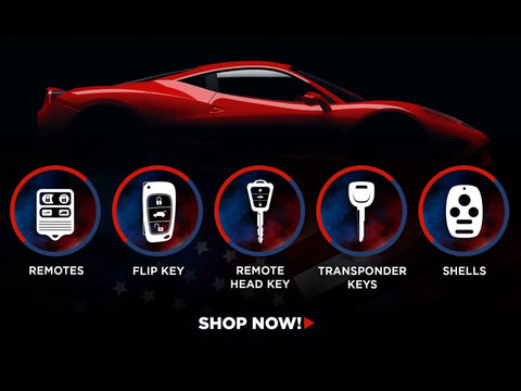 Graphic of various car key types including remotes, flip key, remote head key, transponder keys, and shells, underlined by a red sports car silhouette.