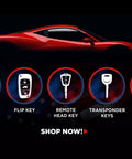 Image of a red sports car silhouette with icons for remotes, flip key, remote head key, transponder keys, and shells.