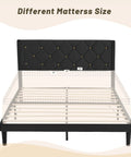 Queen Size Platform Bed Frame With Velvet Upholstered Headboard Featuring Modern Rivet Grid Pattern And High Density Foam showing mattress size options.