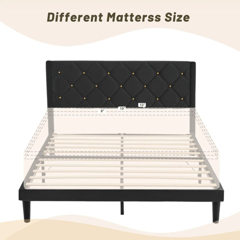 Queen Size Platform Bed Frame With Velvet Upholstered Headboard Featuring Modern Rivet Grid Pattern And High Density Foam showing mattress size options.