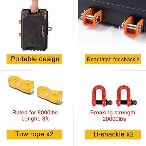 Portable 4500lb 12V DC Electric Winch With Synthetic Rope And Hawse Fairlead, Steel Mounting Plate, Infrared Remote Control, Toolbox Included For ATV UTV Applications, Ready To Pull You Outta Any Jam in portable toolbox with tow rope and D-shackles