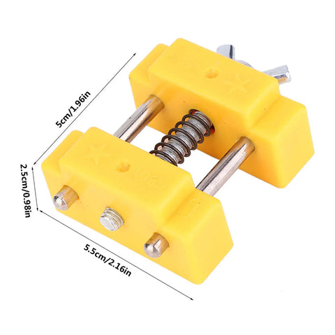 Yellow Mini Bench Vise Portable Adjustable Jaw Clamp Tool 50x55x25mm, close-up of alloy and plastic design with measurements